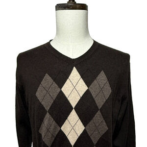 Sebastian Cooper Sweater Mens Cashmere Blend‎ Large Brown Tan Argyle Preppy